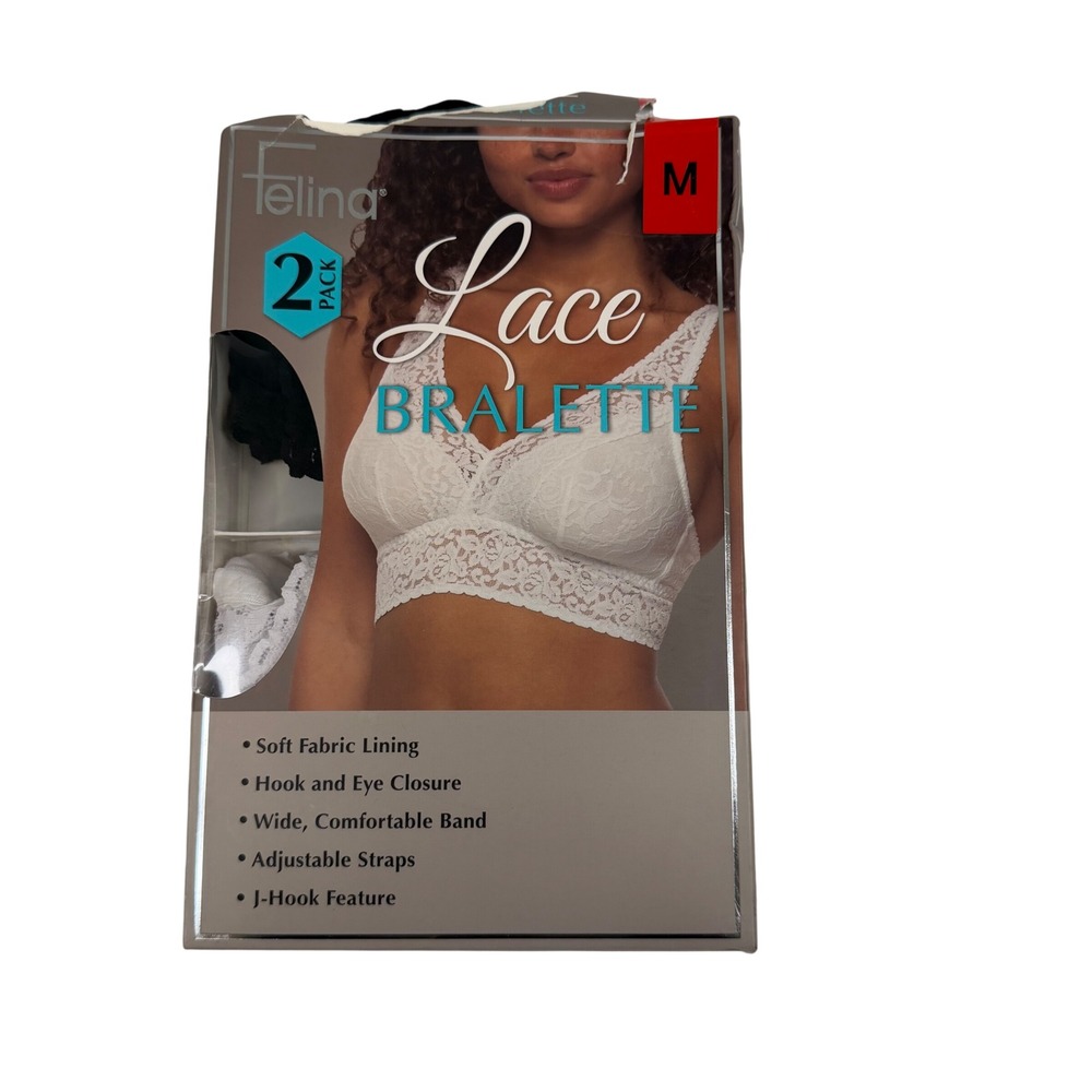 Felina 2 Pack Lace Bralette Medium Black White Adjustable Straps C7137 NEW